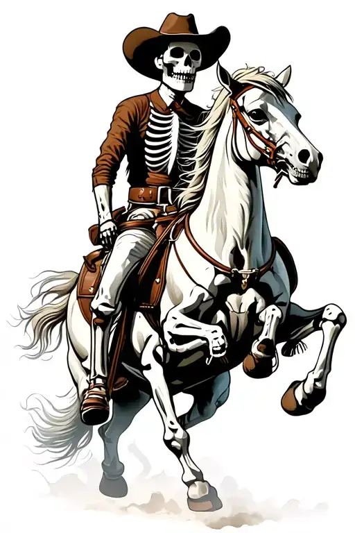 skeleton cowboy with lozzo riding skeleton horse galloping tattoo design idea
