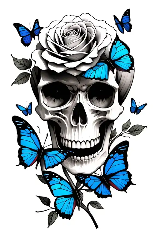 make tattoo on left hand skull with rose in eye and two small blue butterfly around a skull no lower jaw tattoo design idea