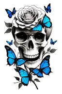 make tattoo on left hand skull with rose in eye and two small blue butterfly around a skull no lower jaw tattoo design idea
