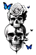 make tattoo on left hand skull with rose in eye and two small blue butterfly around a skull no lower jaw tattoo design idea