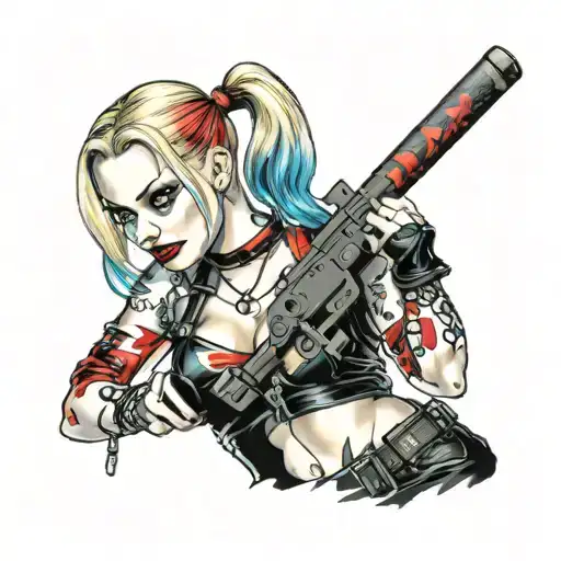 Harley Quinn, standing with black dress, color pigtails, a gun in right hand, a baseball bat in the left hand, a choker tattoo design idea