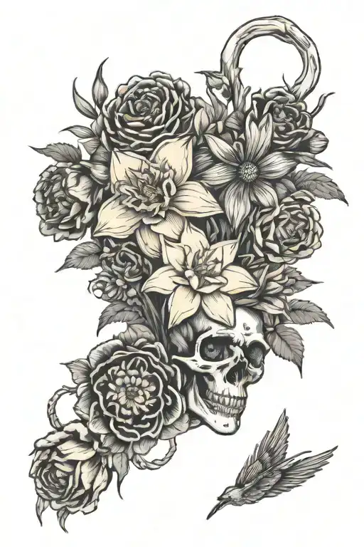 daffodil, rose, carnation, chrysanthemum, marigold bouquet tattoo design idea