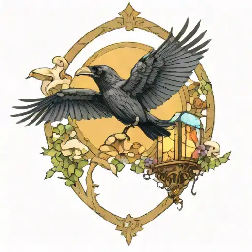 raven flying holding a skull surrounded by mushrooms with a tall stained glass window background tattoo design idea