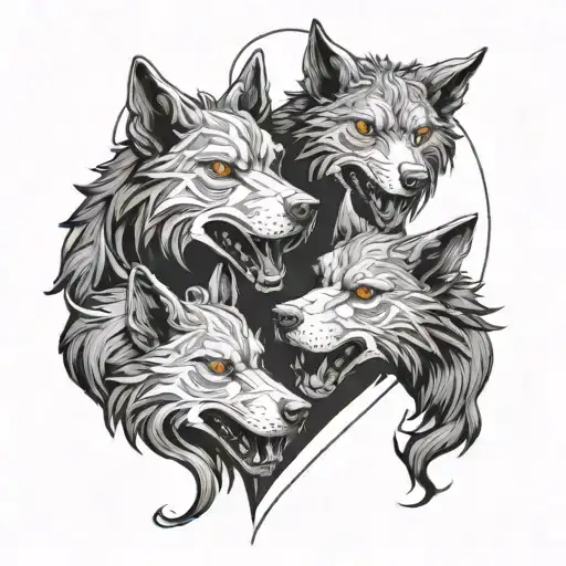 Cerberus with wolf heads wrapped to form a heart shape  tattoo design idea