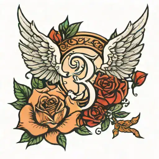 Angel wings,Virgo logo, number 3, roses, ring, Artemis tattoo design idea
