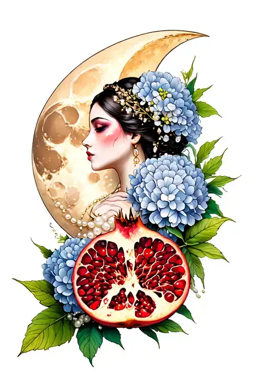 The High Priestess, Oracle, moon, sliced pomegranate, hydrangea, peony, pearls  tattoo design idea