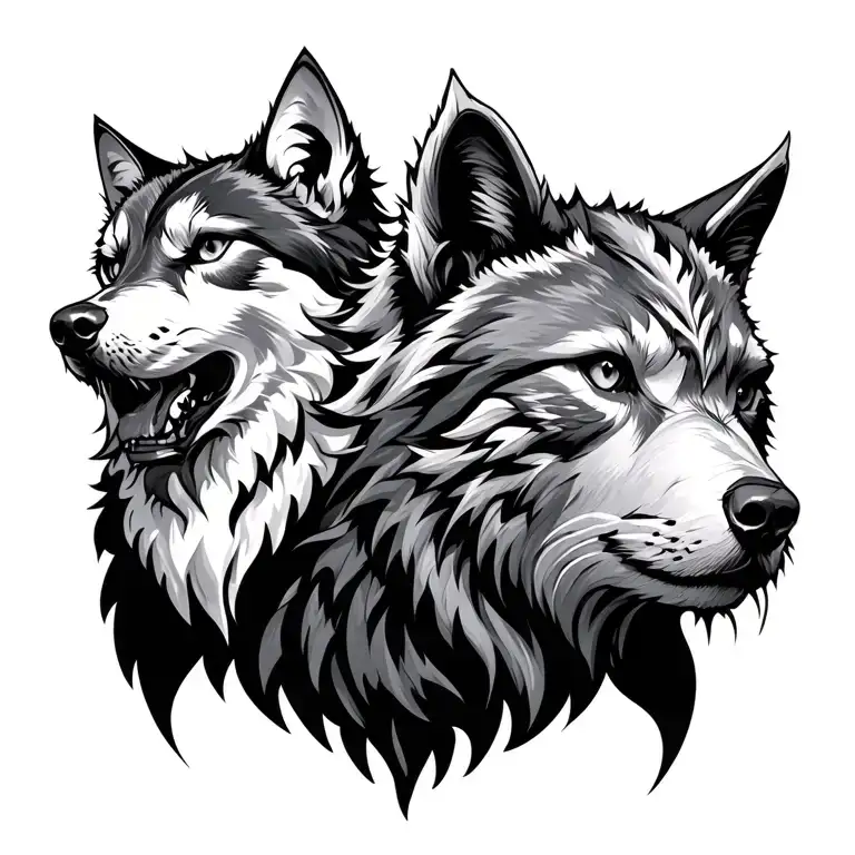 Viking wolf head,l and cat head and bear head emerging tattoo design idea
