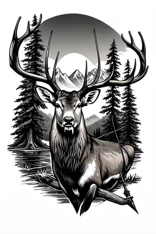 Buck, mountains, compound bow, pine trees, arrow, water tattoo design idea