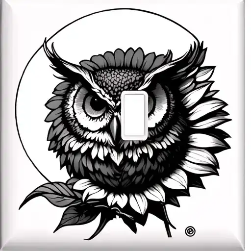 owl perched on top a sunflower in the moon light switch tattoo design idea