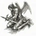 angel warrior kneel bleeding holding to his sword with an arrow craved in his back tattoo design idea