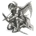 angel warrior kneel bleeding holding to his sword with an arrow craved in his back tattoo design idea