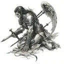 angel warrior kneel bleeding holding to his sword with an arrow craved in his back tattoo design idea