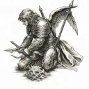 angel warrior kneel bleeding holding to his sword with an arrow craved in his back tattoo design idea