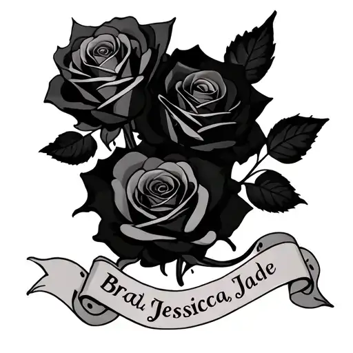 three rose intertwined three dominos on the bottom scrolls under each rose saying Brad, Jessica, Jade tattoo design idea