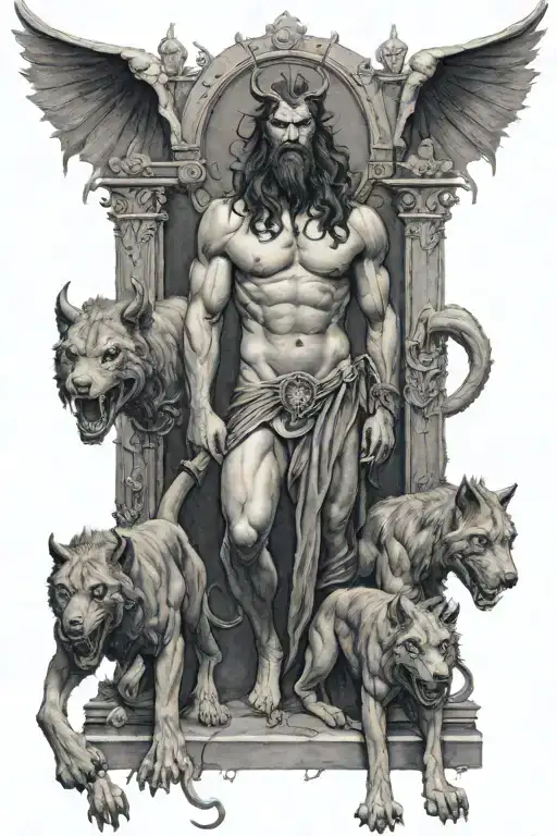 fullbody cerberus with lucifer standings outside the gates of hell.  tattoo design idea