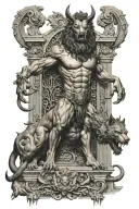 fullbody cerberus with lucifer standings outside the gates of hell.  tattoo design idea