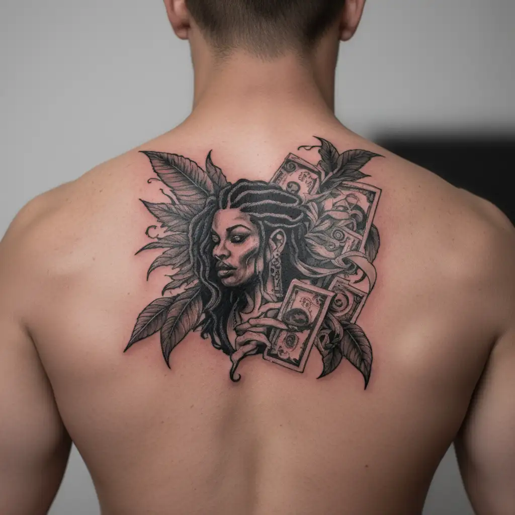 Arm sleeve Jamaica weed money such figure music notes stars smoke. Less green shading tattoo design idea