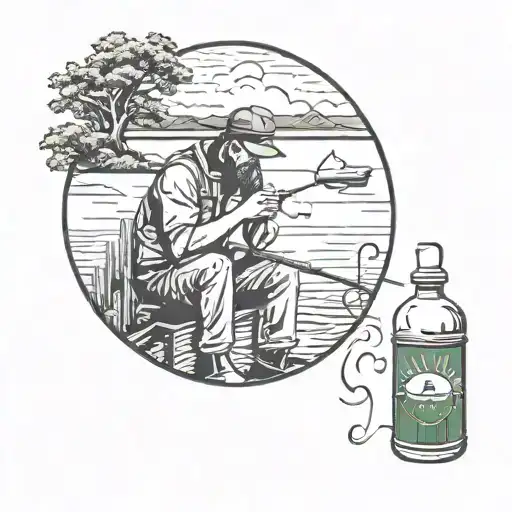 beers, smoking weed. fishing scene with nephew in Scotland. in memory of Uncle Robert. no beard, short hair.  tattoo design idea