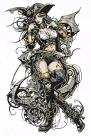 Sexy pirate girl, Gigantic Boobs, cleavage, torn clothing, skin tight pants, boots, wide hips, petite, big booty. tattoo design idea