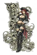Sexy pirate girl, Gigantic Boobs, cleavage, torn clothing, skin tight pants, boots, wide hips, petite, big booty. tattoo design idea