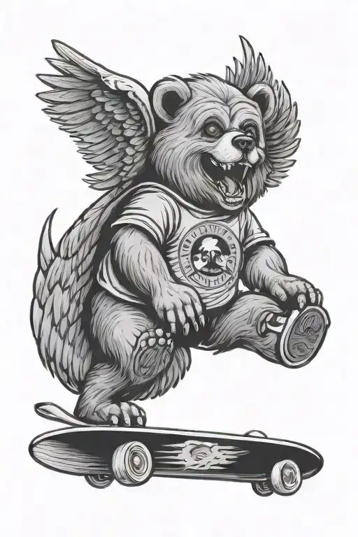 Grateful Dead bear on skateboard with wings and a halo cartoon tattoo design idea