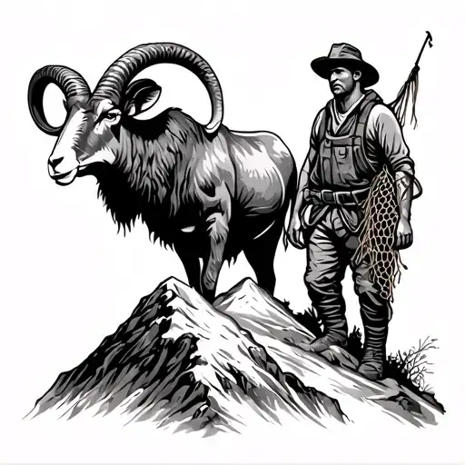A black-grey tattoo of a coal miner with a fishing net draped over his shoulder, standing next to a majestic Big Horn Sheep on a mountain peak tattoo design idea