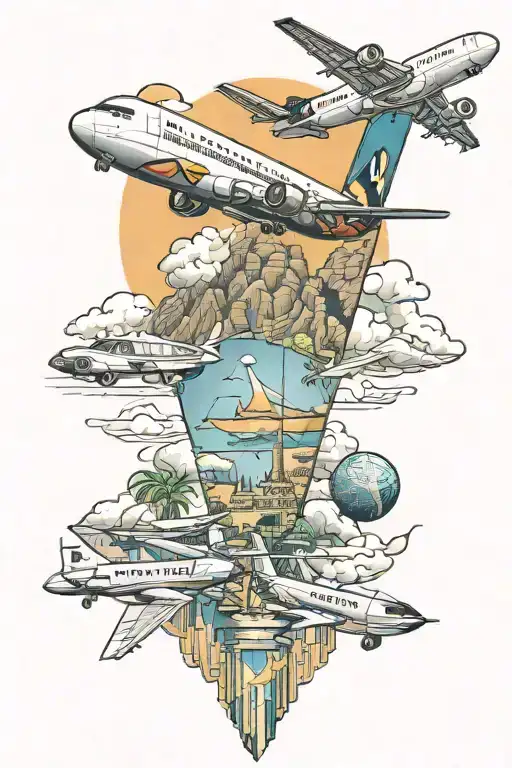 Men’s full leg traveling tattoo with Egypt, Norway, Spain, France, Germany and Caribbean islands and airplane and cruise tattoo design idea