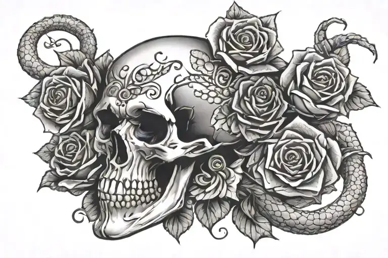 skull rose and snake wrapped tightly tattoo design idea