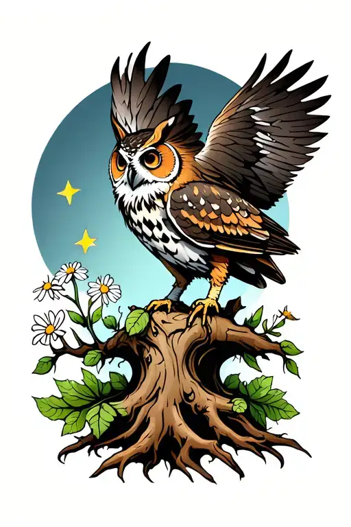 an owl rising out of the roots of an oak tree. within image aster flower and snow drop flower and three shooting stars tattoo design idea