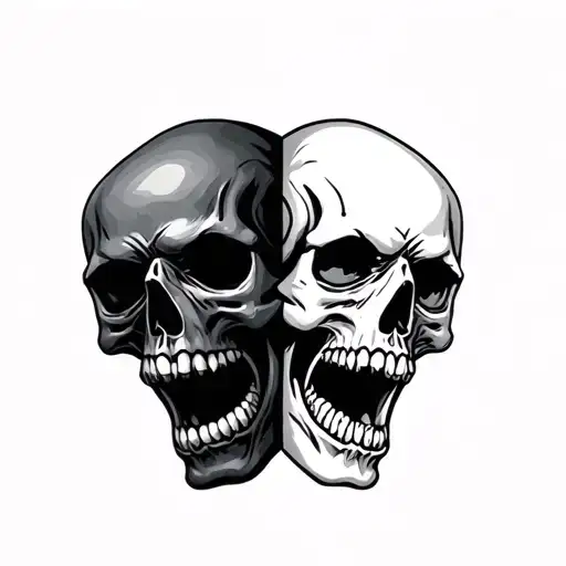 2 skulls Sad and angry side by side profile traditional tattoo design idea