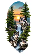Wolves family: Mäle + female + 2 small with a sunset, trees and a waterfall tattoo design idea