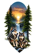 Wolves family: Mäle + female + 2 small with a sunset, trees and a waterfall tattoo design idea