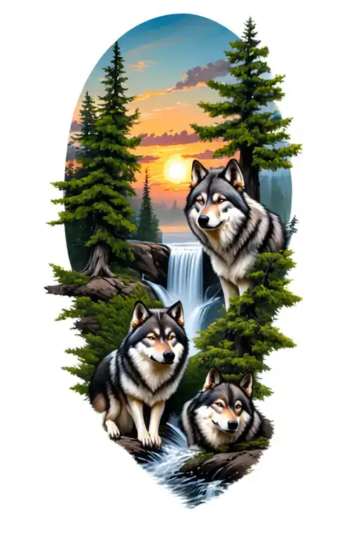 Wolves family: Mäle + female + 2 small with a sunset, trees and a waterfall tattoo design idea
