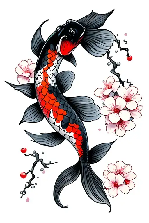 black koi fish with cherry blossoms  tattoo design idea