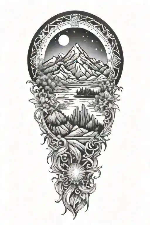 virgo zodiac sign surrounded my mountain range tattoo design idea