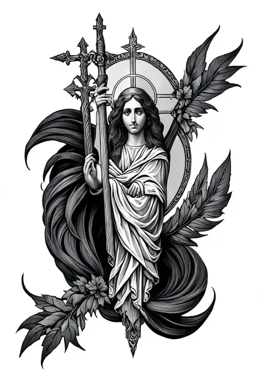 dark ancient catholic sleeve tattoo design idea