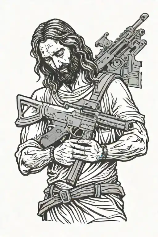 jesus standing with ak 47 assault rifle tattoo design idea