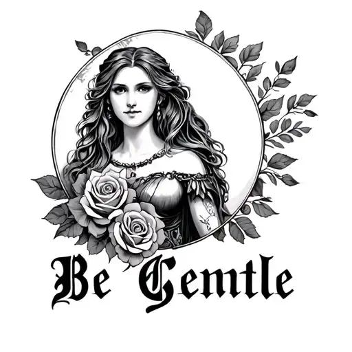 "Be Gentle" shield maiden with roses tattoo design idea