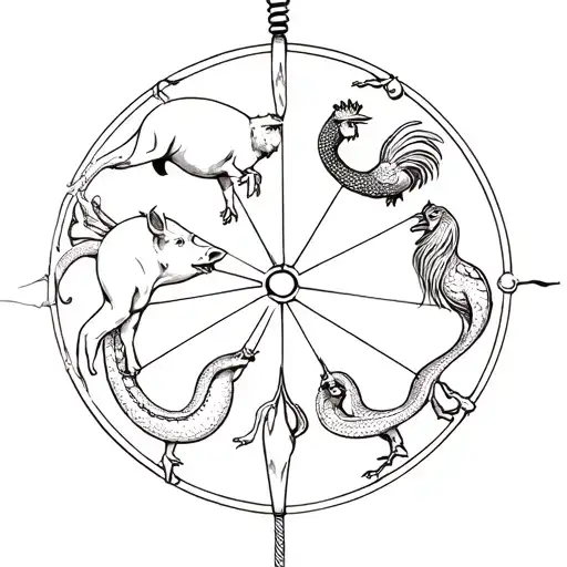 Wheel of Life, formed by pig (delusion), a snake (hatred), and a rooster (greed) biting each other’s tails.  tattoo design idea