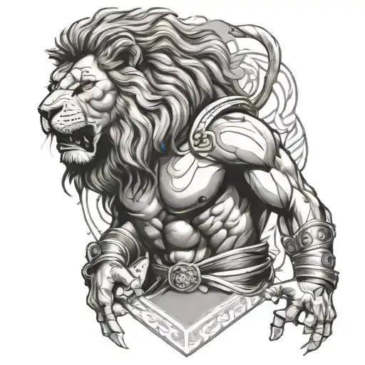 lion merged with gladiator weaing a jiu jitsu black belt tattoo design idea