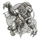 lion merged with gladiator weaing a jiu jitsu black belt tattoo design idea