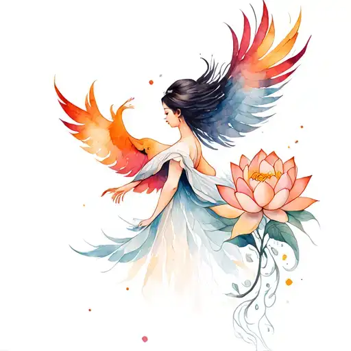 a girl with feathers rising like phoenix bird and lotus flower large  tattoo design idea