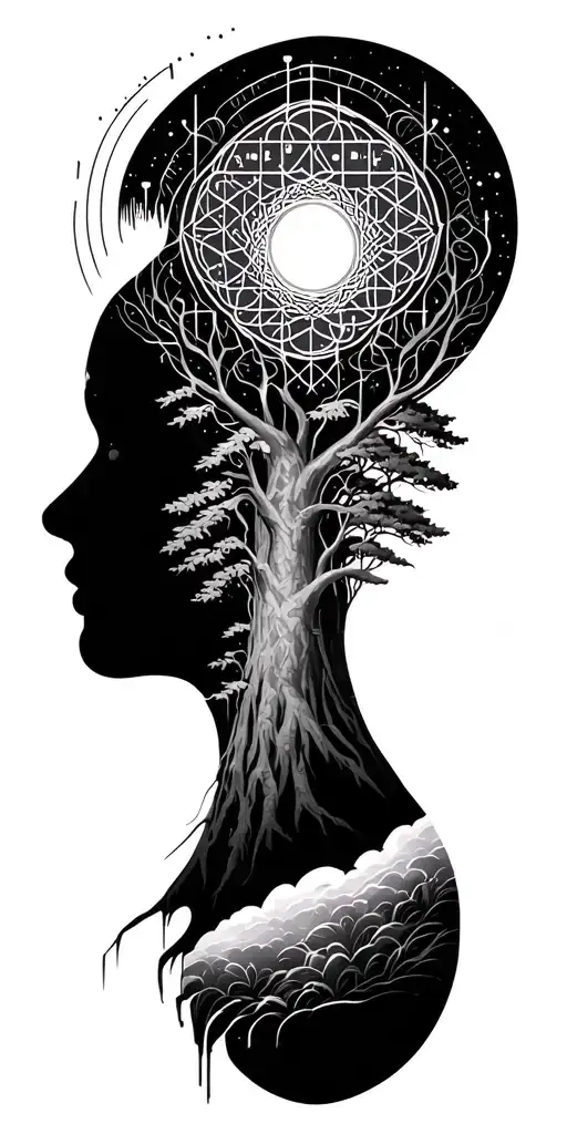 soundwaves, forest at night, lone human, frequencies from trees, Sri yantra, flower of life tattoo design idea