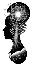 soundwaves, forest at night, lone human, frequencies from trees, Sri yantra, flower of life tattoo design idea