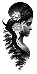 soundwaves, forest at night, lone human, frequencies from trees, Sri yantra, flower of life tattoo design idea