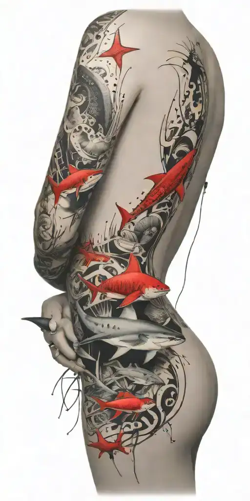 sharks, octopus, starfish, nude mermaids tattoo design idea