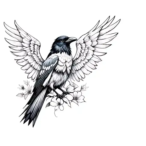 Women's tattoo on the chest Raven with open wings with sakura made of thin lines tattoo design idea
