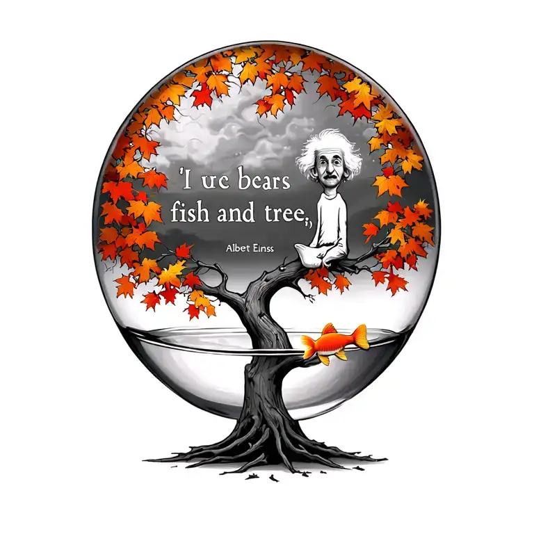 an autumn tree, with Albert Einstein quote "fish and tree" inside tree. dr. Seuss goldfish inside bowl looking up at the tattoo design idea