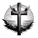 plain large Christian cross with Holy Spirit dove  coming out of it and Sunset behind it  tattoo design idea