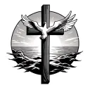 plain large Christian cross with Holy Spirit dove  coming out of it and Sunset behind it  tattoo design idea